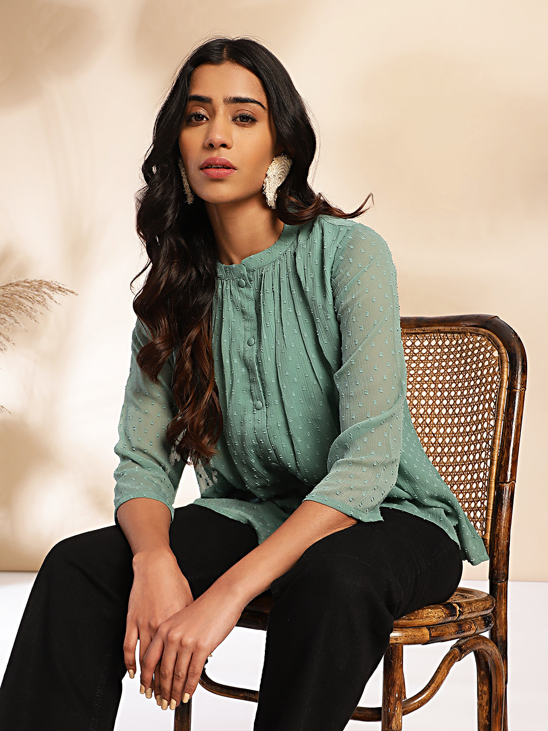 Janasya Sage Dobby Chiffon Woven Design Regular Top 