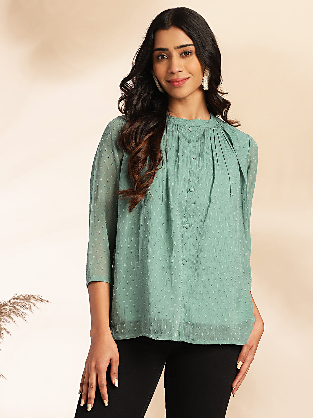 Janasya Sage Dobby Chiffon Woven Design Regular Top 