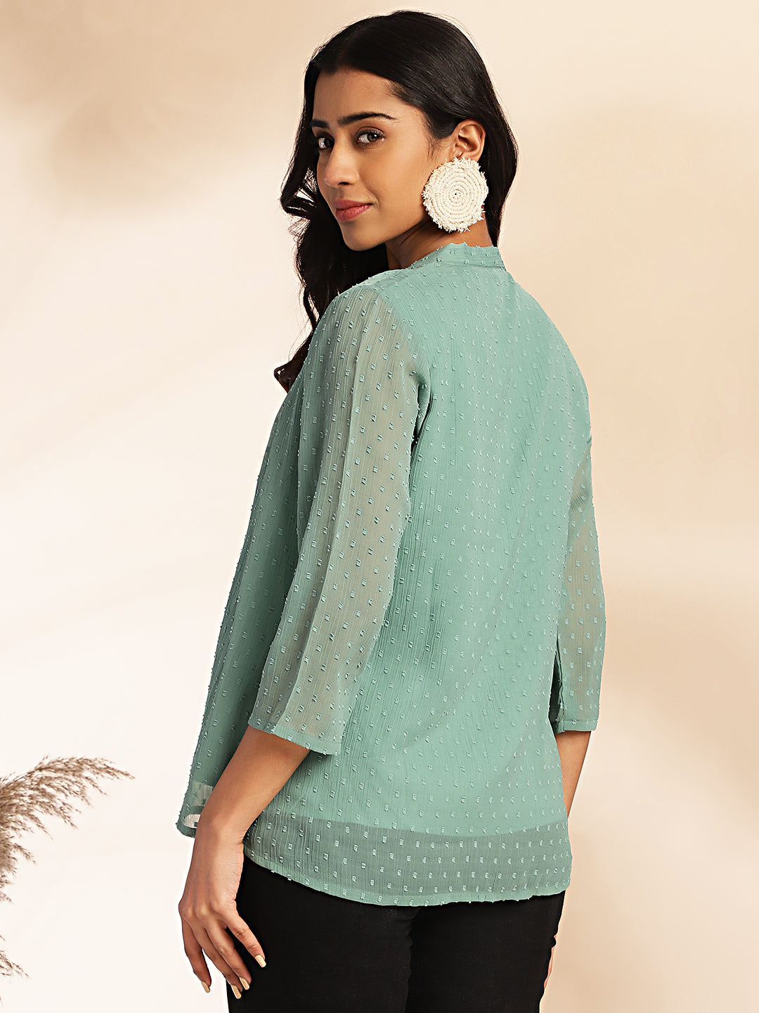Janasya Sage Dobby Chiffon Woven Design Regular Top 