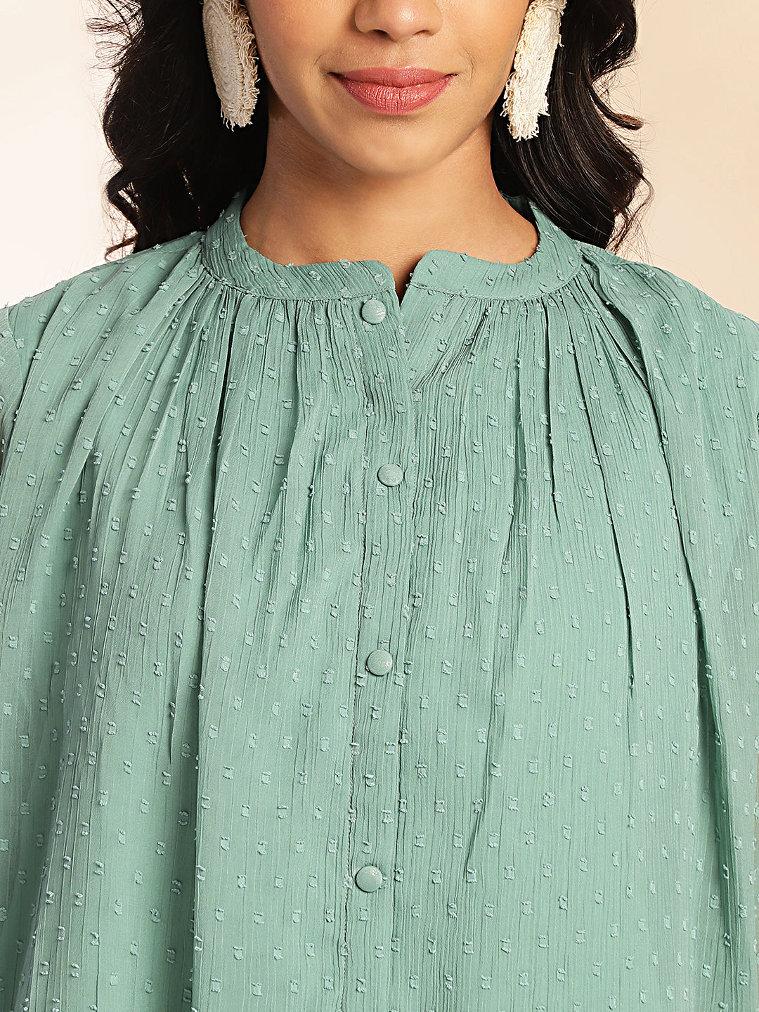 Janasya Sage Dobby Chiffon Woven Design Regular Top 