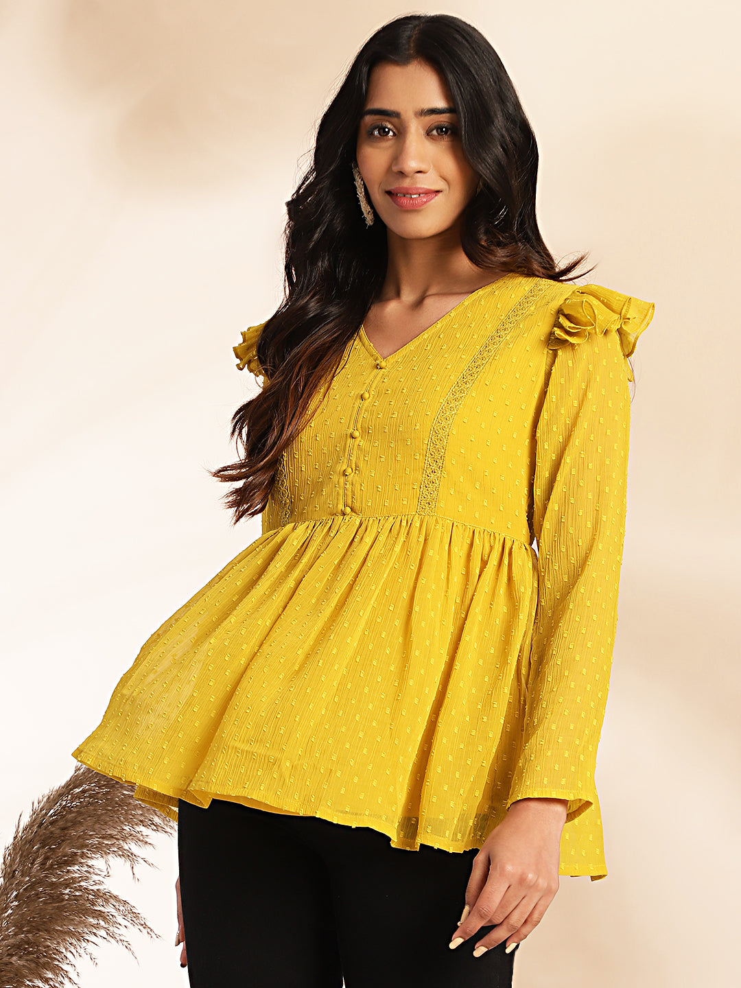 Janasya Mustard Dobby Chiffon Self Design Peplum Top 