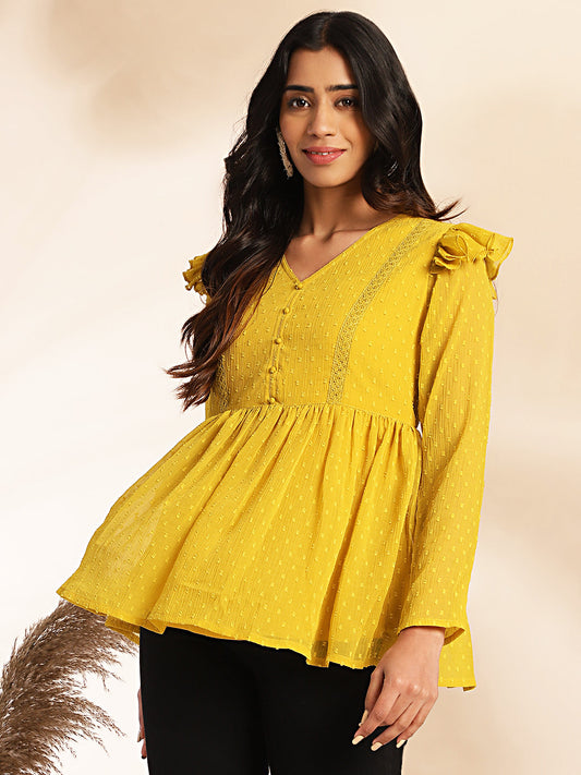 Janasya Mustard Dobby Chiffon Self Design Peplum Top 