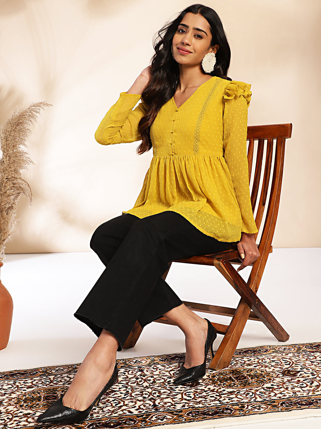 Janasya Mustard Dobby Chiffon Self Design Peplum Top 