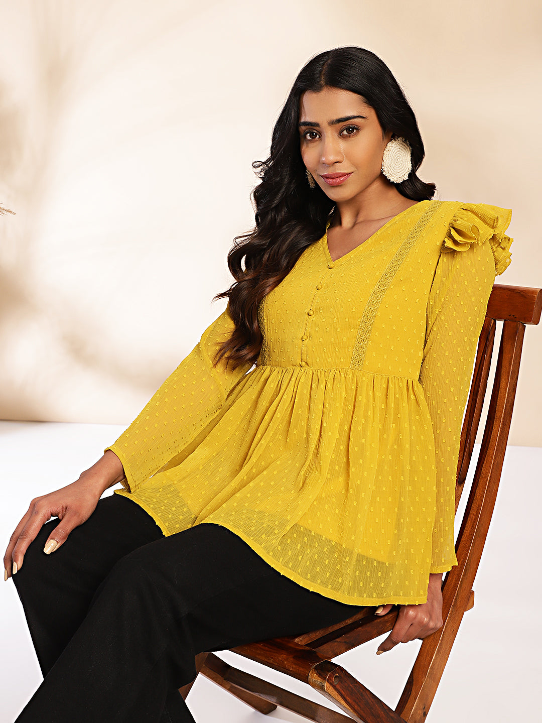 Janasya Mustard Dobby Chiffon Self Design Peplum Top 