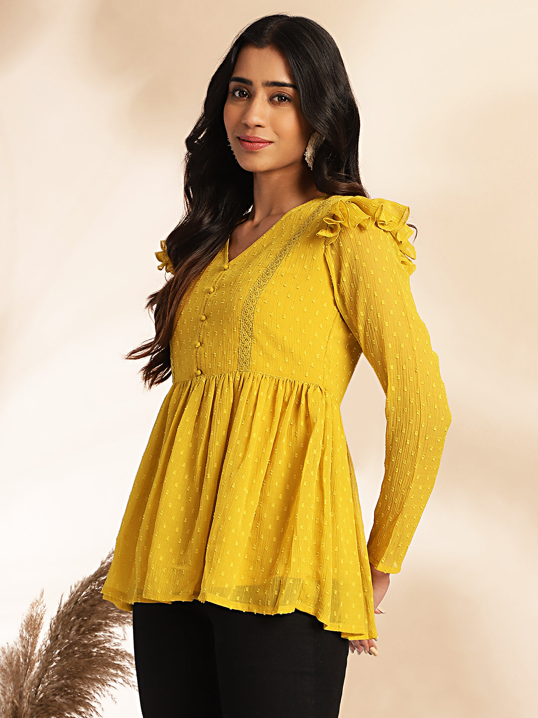Janasya Mustard Dobby Chiffon Self Design Peplum Top 