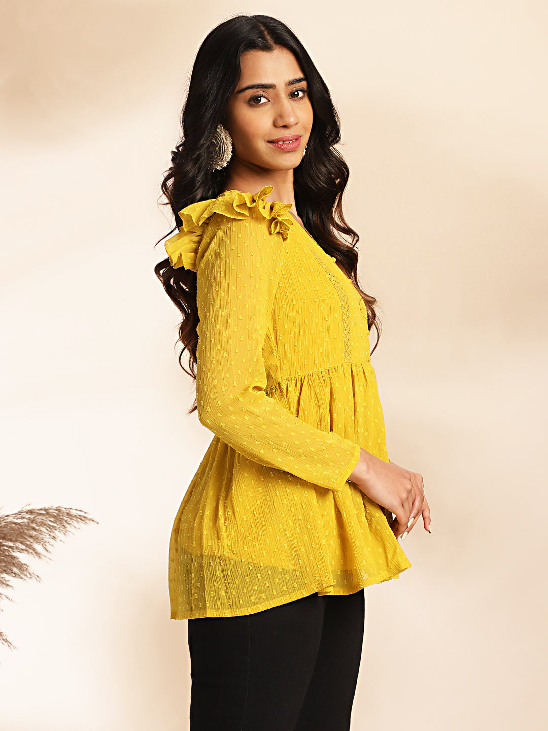 Janasya Mustard Dobby Chiffon Self Design Peplum Top 
