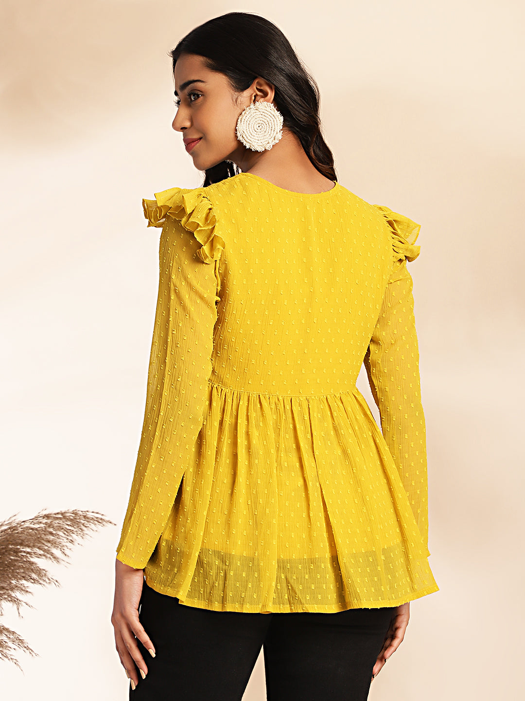 Janasya Mustard Dobby Chiffon Self Design Peplum Top 