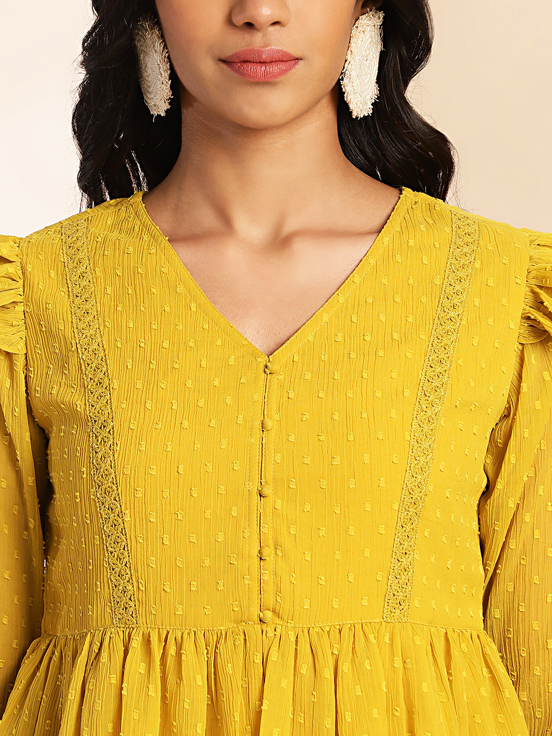 Janasya Mustard Dobby Chiffon Self Design Peplum Top 