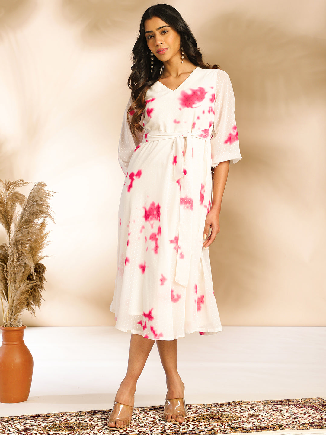 Janasya Off White Dobby Georgette Tie & Dye Fit & Flare Dress 