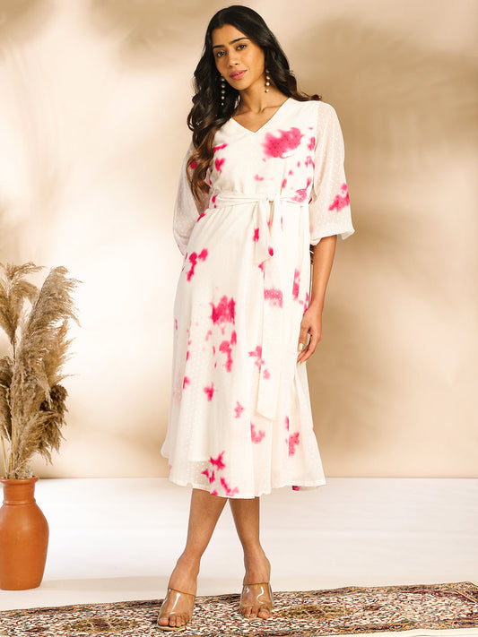 Janasya Off White Dobby Georgette Tie & Dye Fit & Flare Dress 
