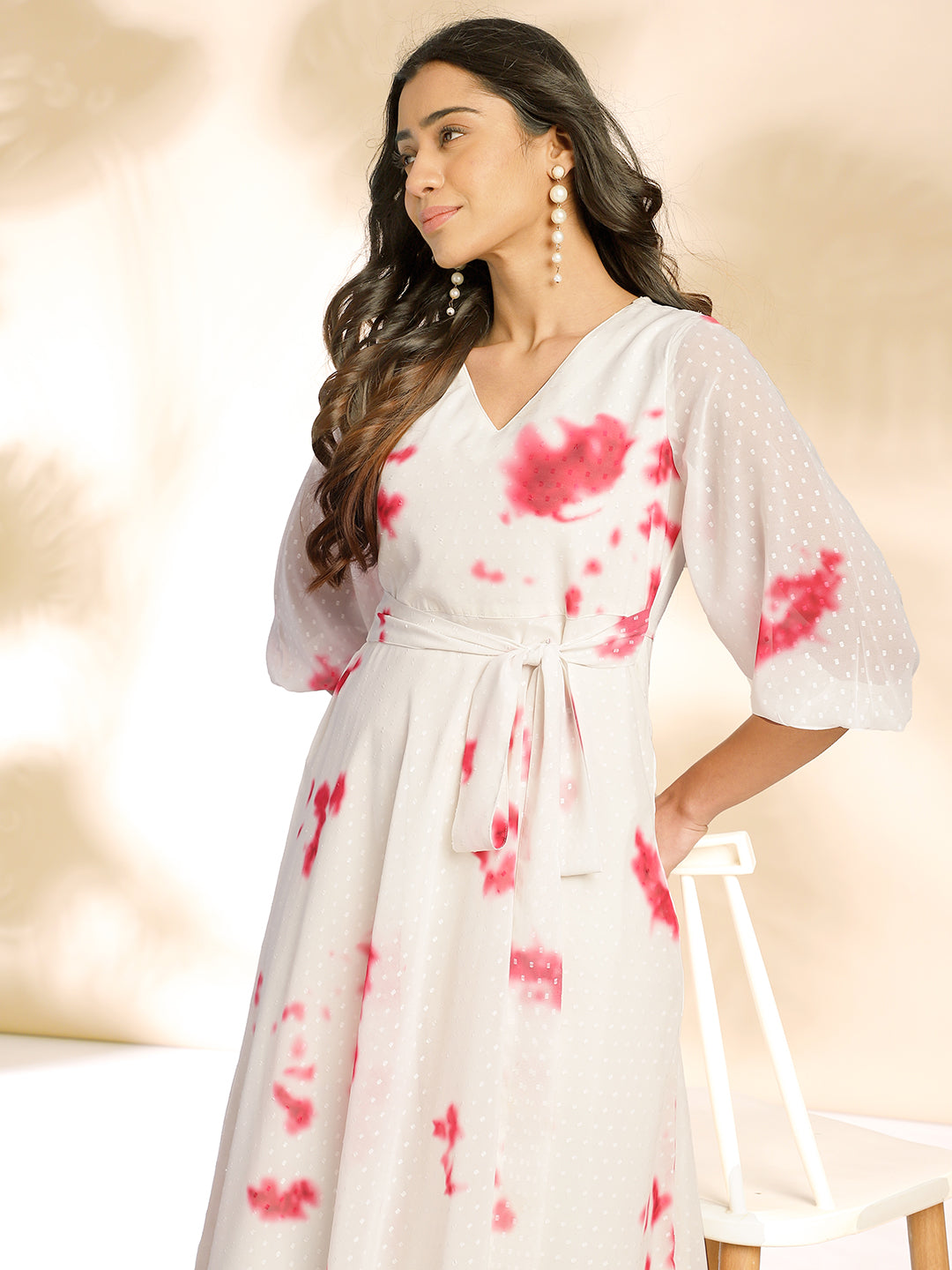 Janasya Off White Dobby Georgette Tie & Dye Fit & Flare Dress 