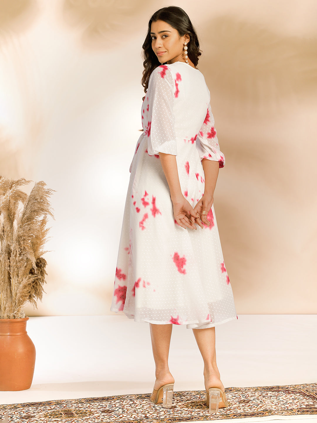 Janasya Off White Dobby Georgette Tie & Dye Fit & Flare Dress 