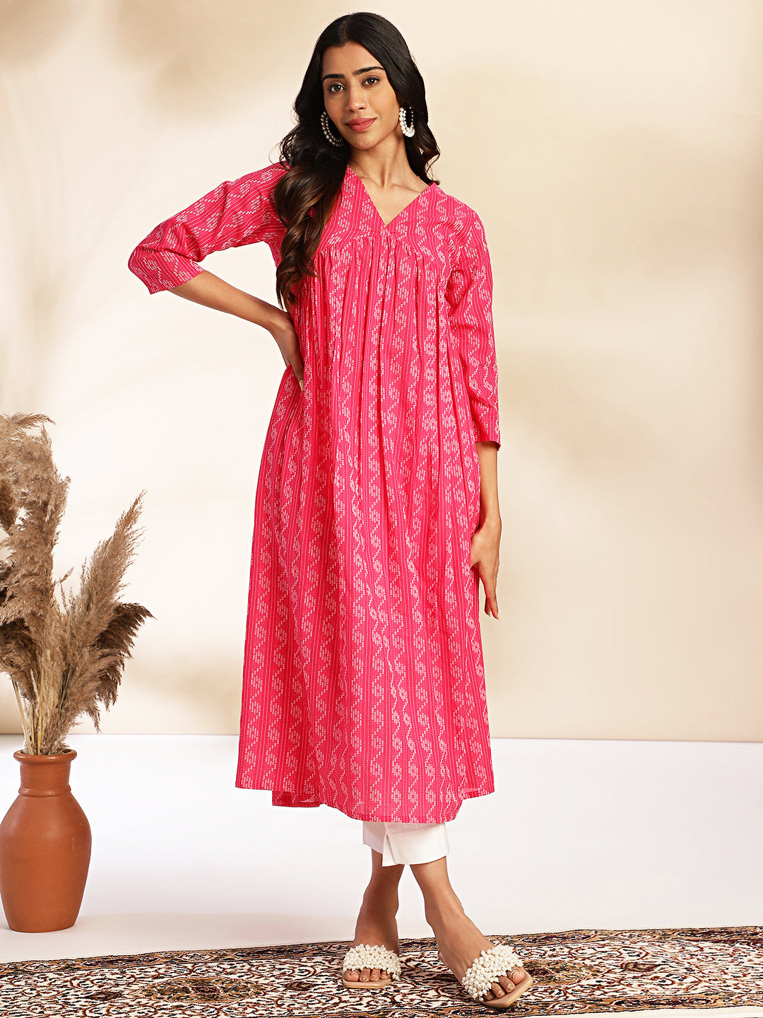 Janasya Pink Cotton Woven Design Gathered Kurta | Grab2Buy