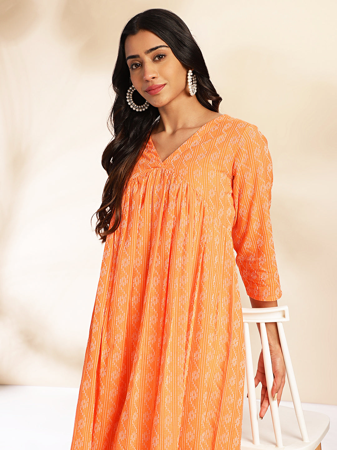 Janasya Orange Cotton Woven Design Gathered Kurta | Grab2Buy