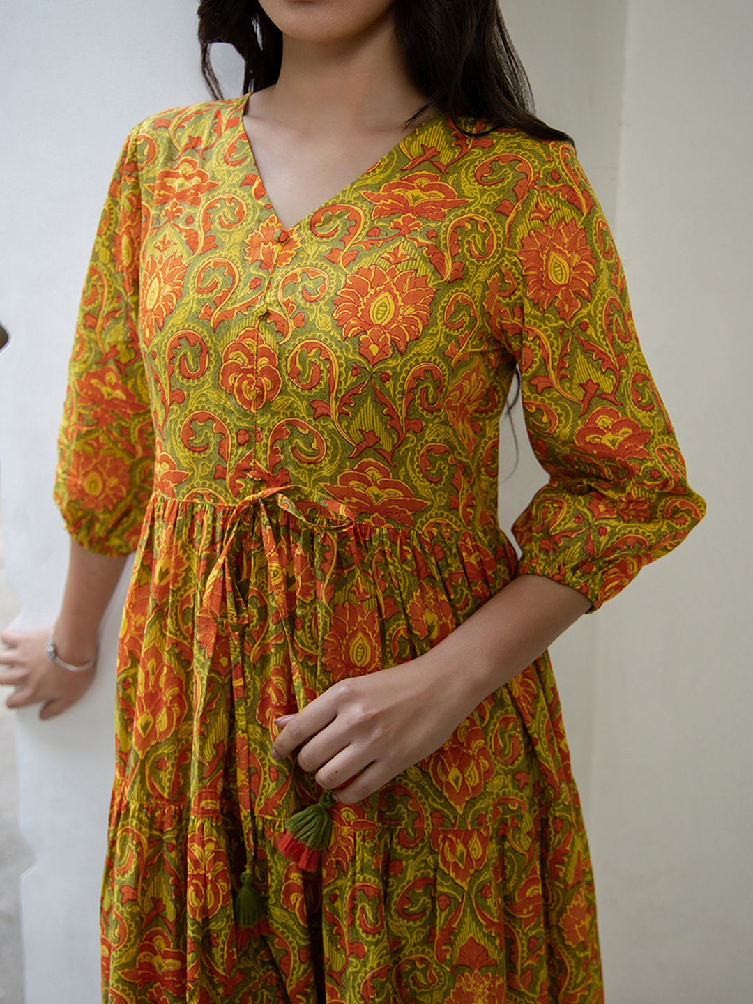 Janasya Green Cotton Printed Tiered Dress 