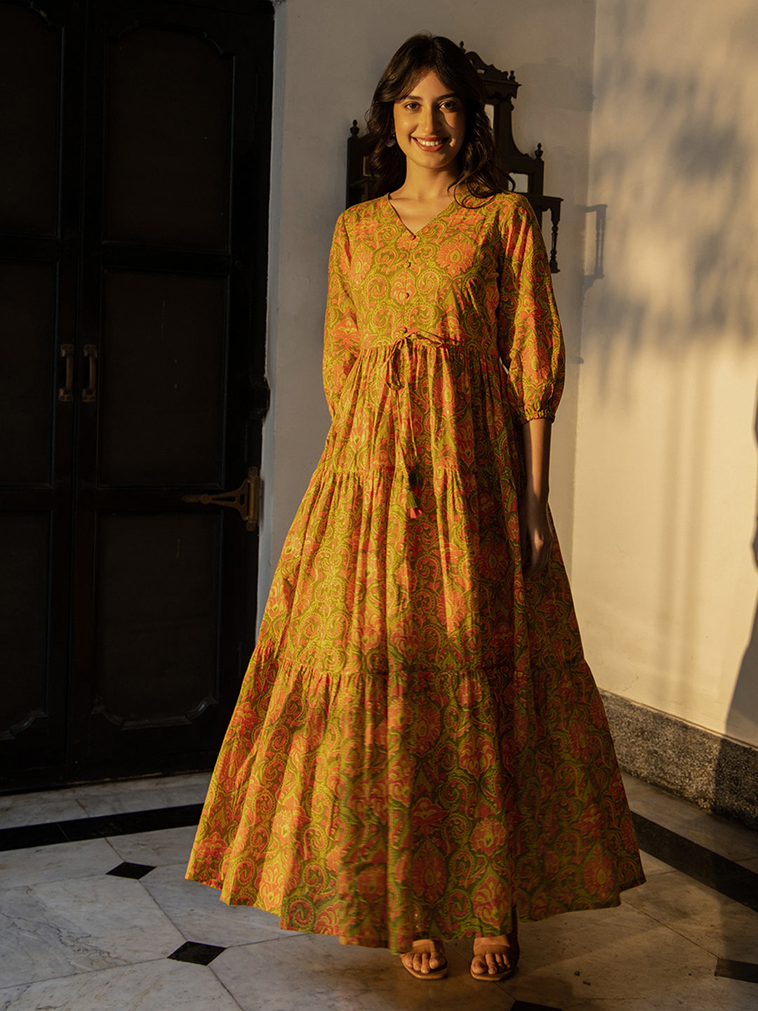 Janasya Green Cotton Printed Tiered Dress 