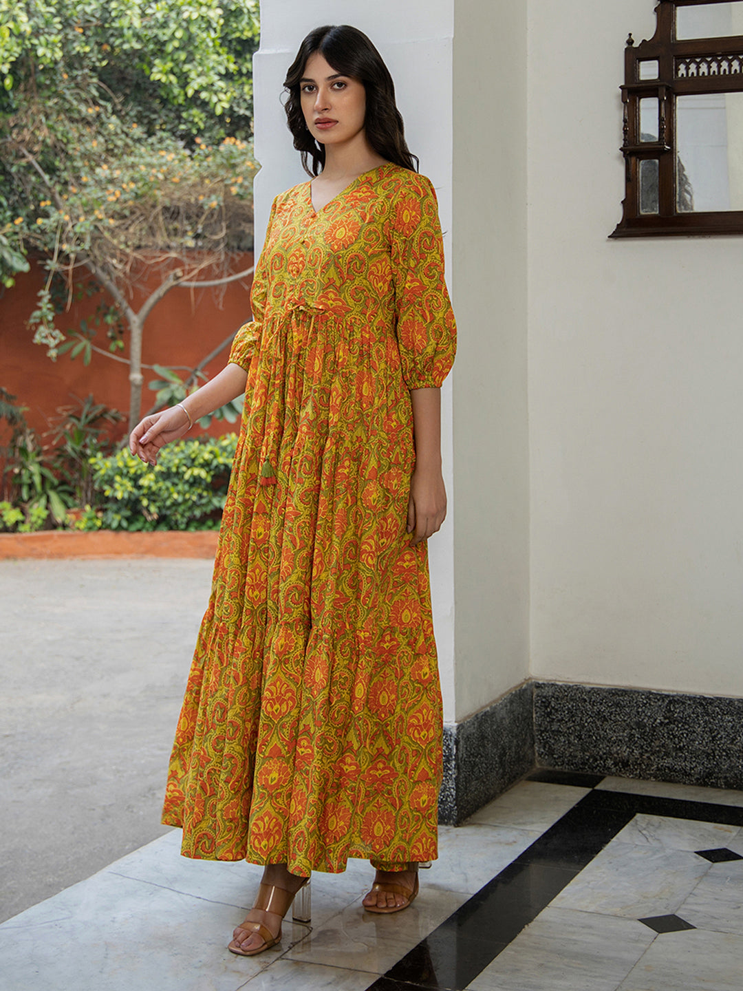 Janasya Green Cotton Printed Tiered Dress 