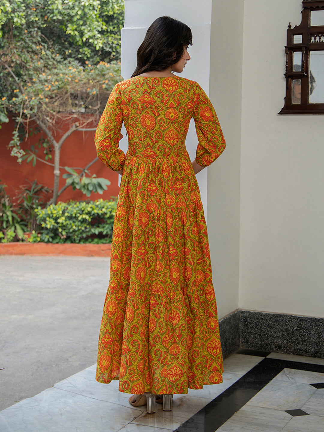 Janasya Green Cotton Printed Tiered Dress 