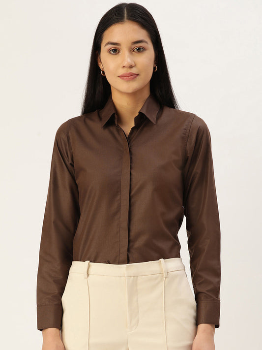 Jainish Women's Coffee Solid Shirt Style Top