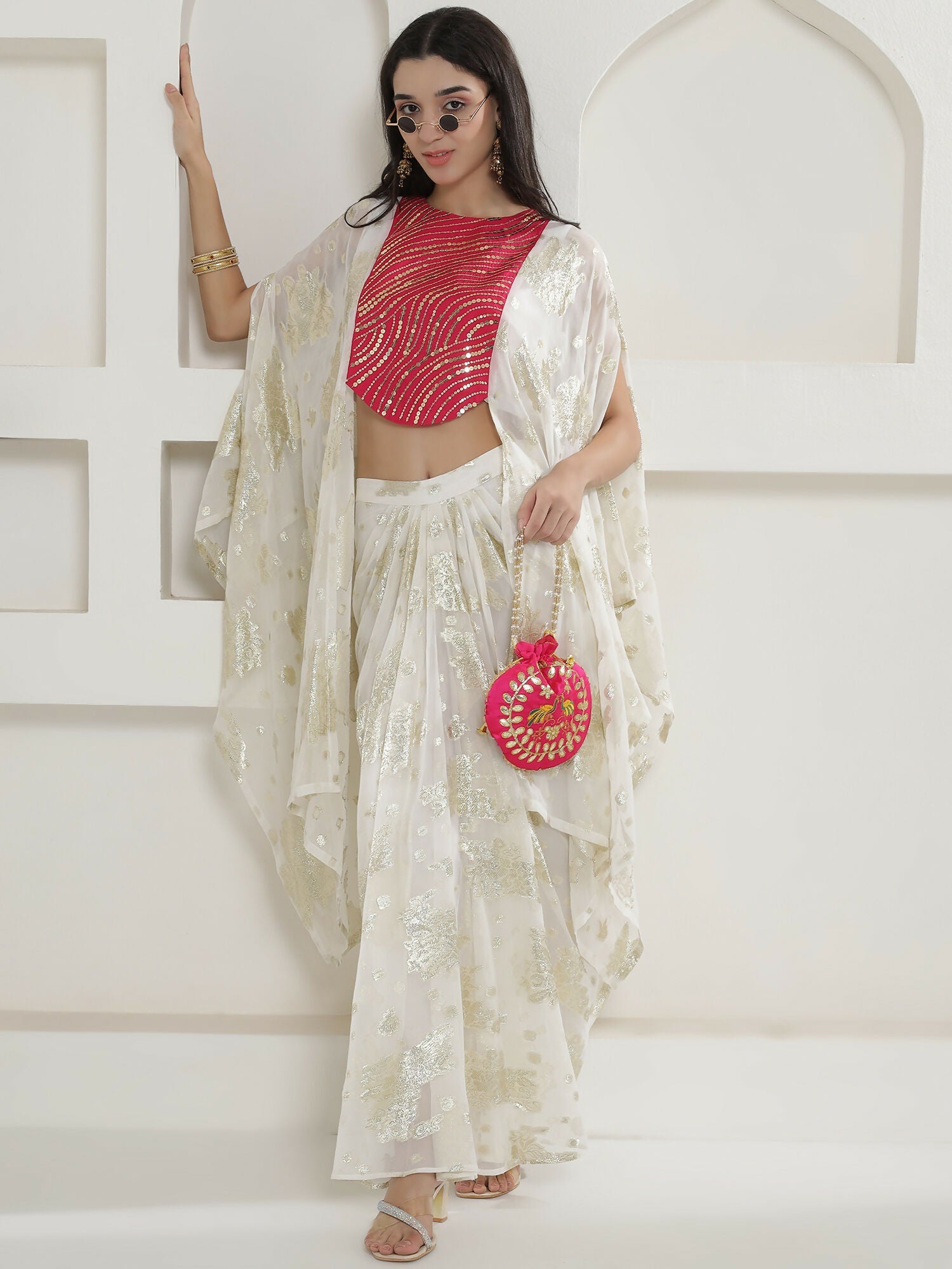Joban Fashion White & Pink Kaftaan With Skirt