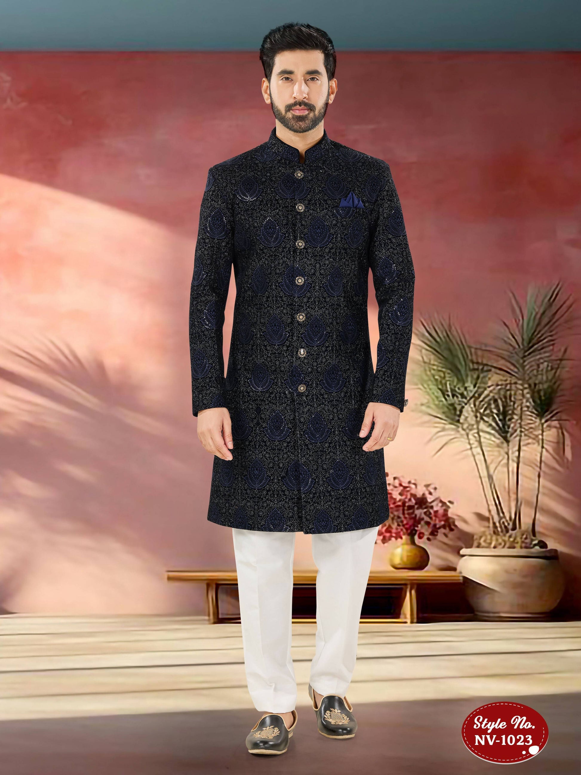 Joban Fashion Men's Blue Base Straight Velvet Thread And Sequence Embroidary All Over Indo-Western Kurta Set