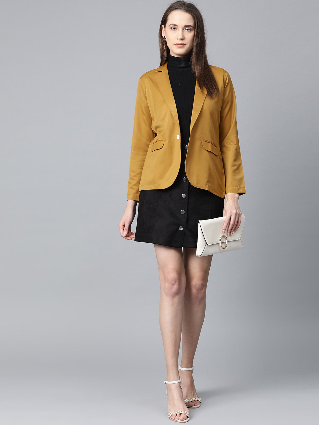 Jompers Women Mustard Solid Single-Breasted Smart Casual Blazer