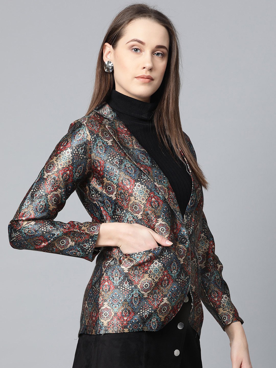 Jompers Women Blue & Maroon Satin Finish Printed Single-Breasted Blazer