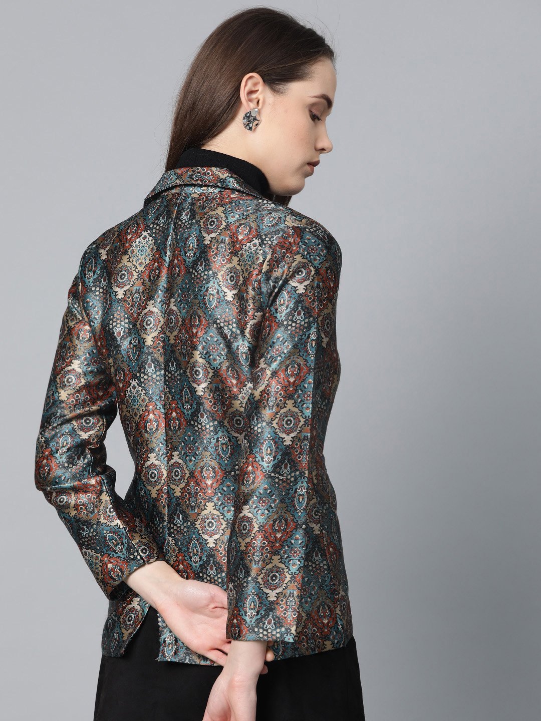 Jompers Women Blue & Maroon Satin Finish Printed Single-Breasted Blazer