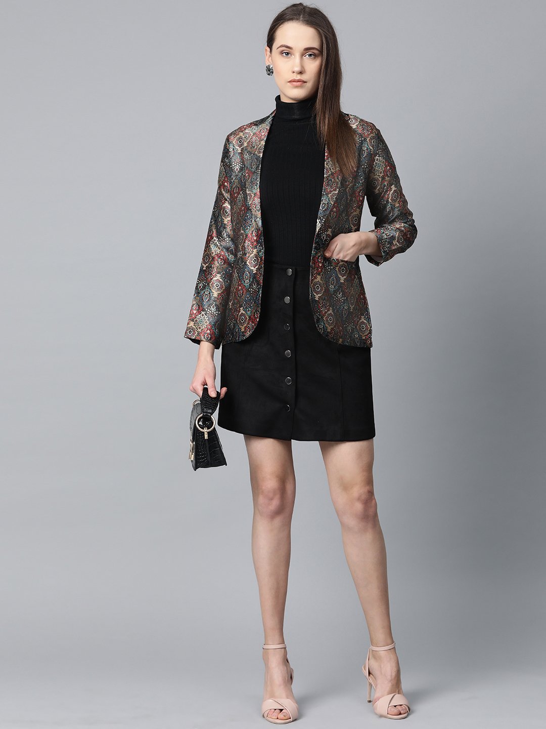 Jompers Women Blue & Maroon Satin Finish Printed Single-Breasted Blazer