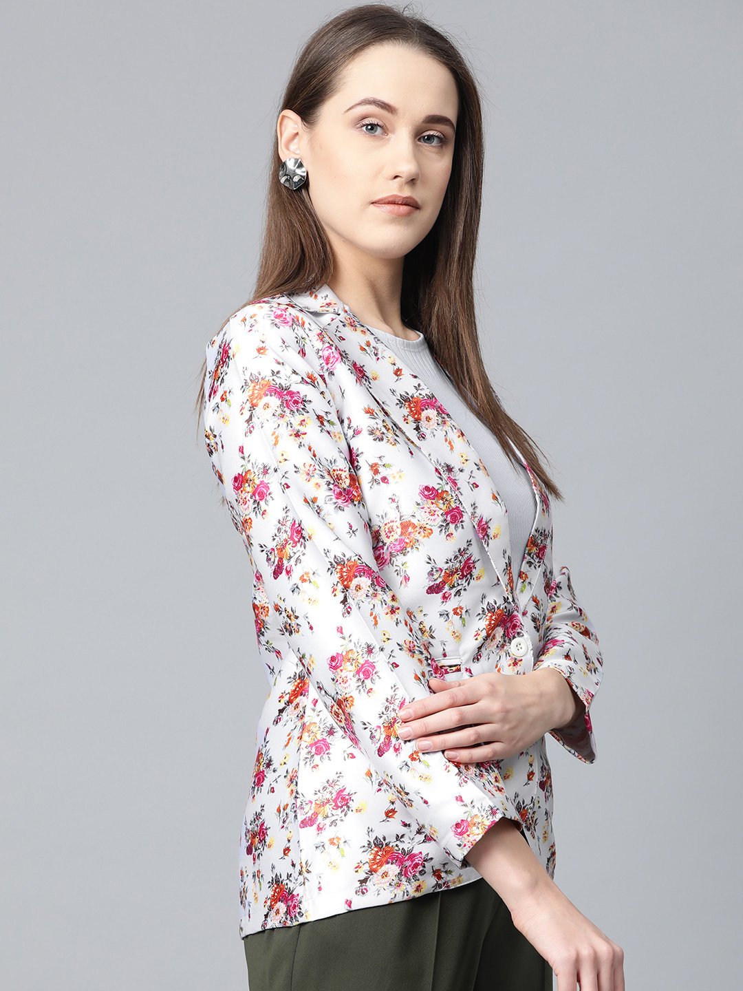 Jompers Women Grey & Pink Satin Floral Print Single-Breasted Casual Blazer