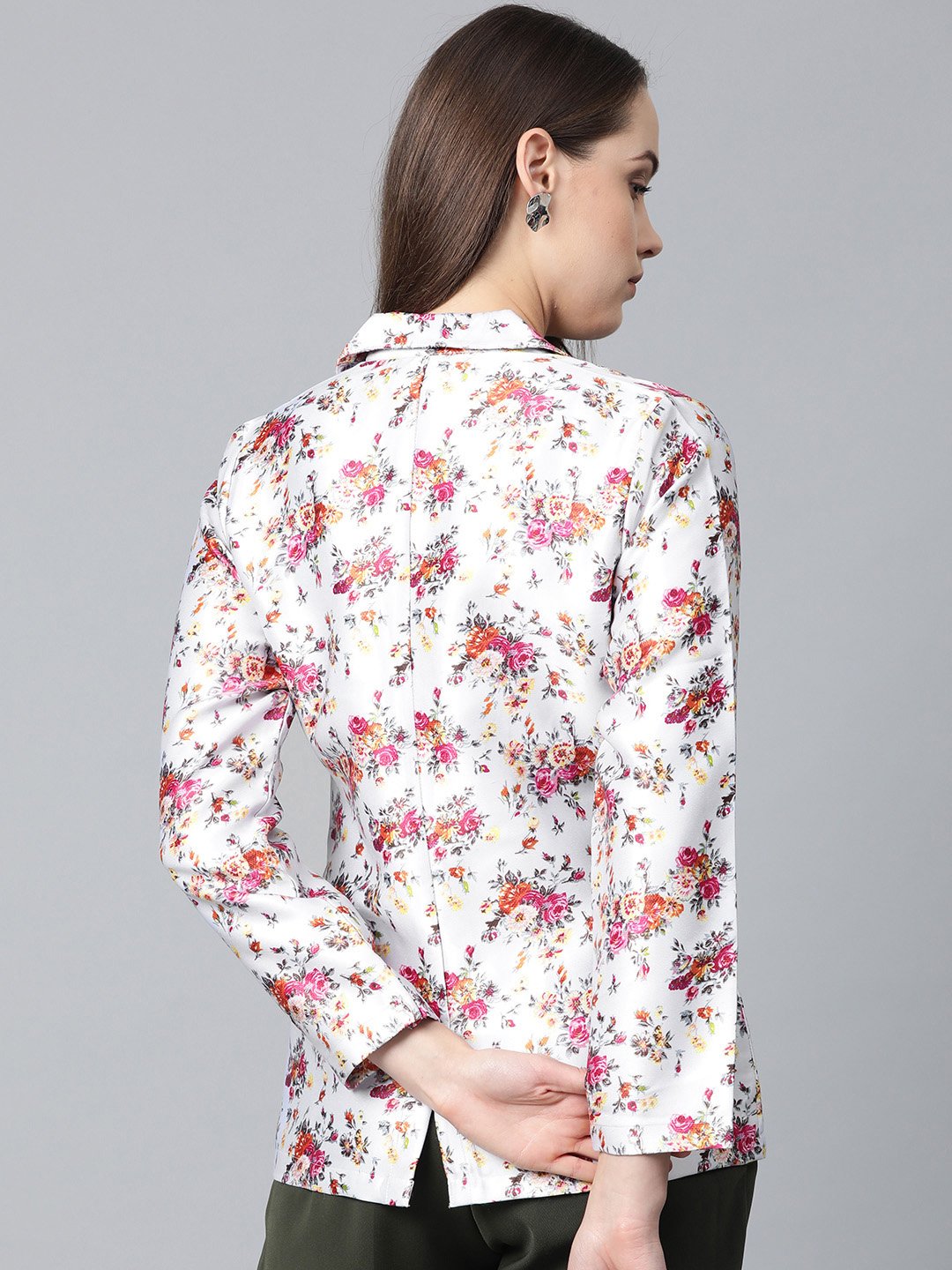 Jompers Women Grey & Pink Satin Floral Print Single-Breasted Casual Blazer