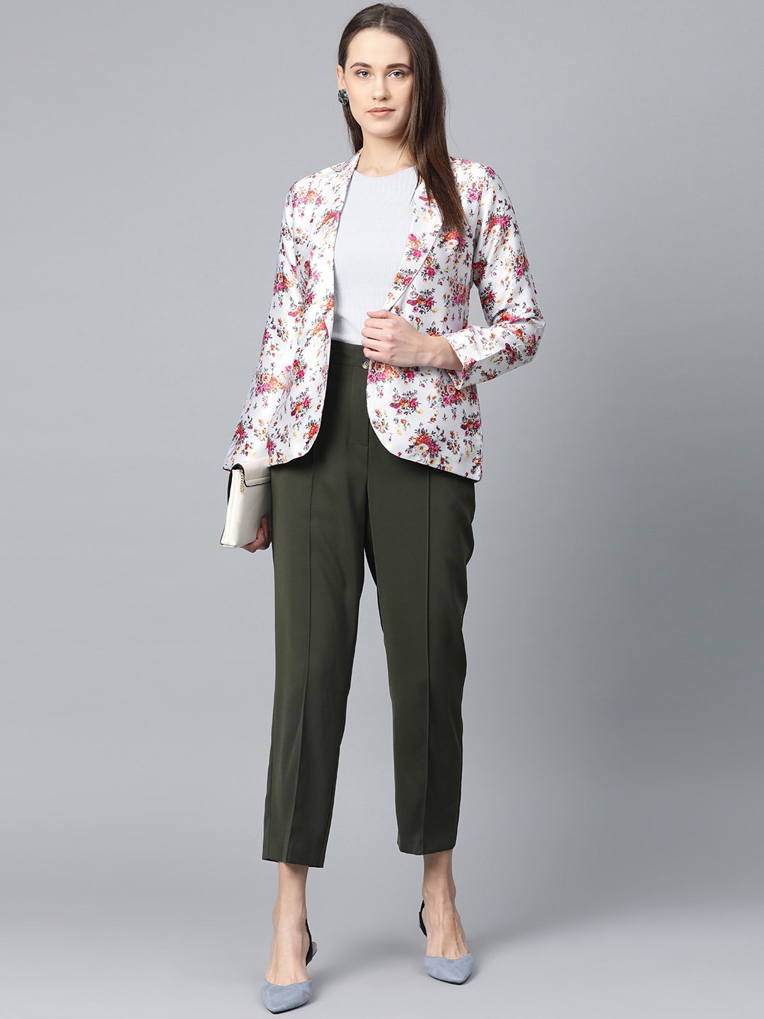 Jompers Women Grey & Pink Satin Floral Print Single-Breasted Casual Blazer