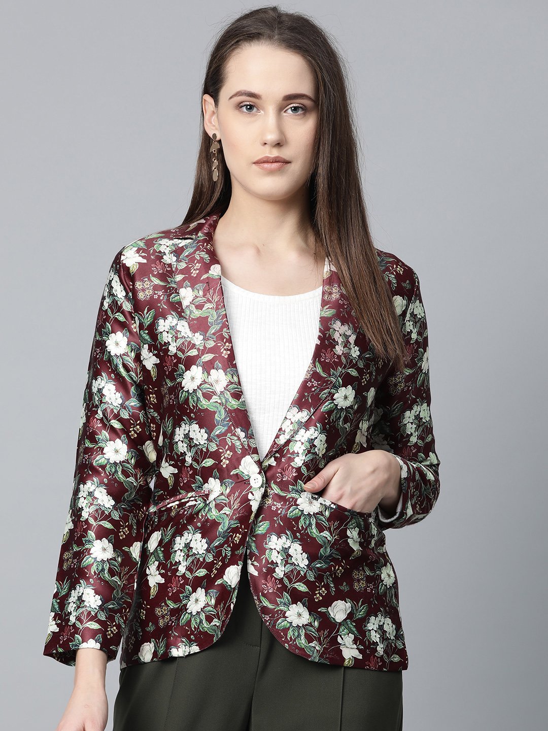 Jompers Women Maroon & Green Satin Floral Print Single-Breasted Casual Blazer