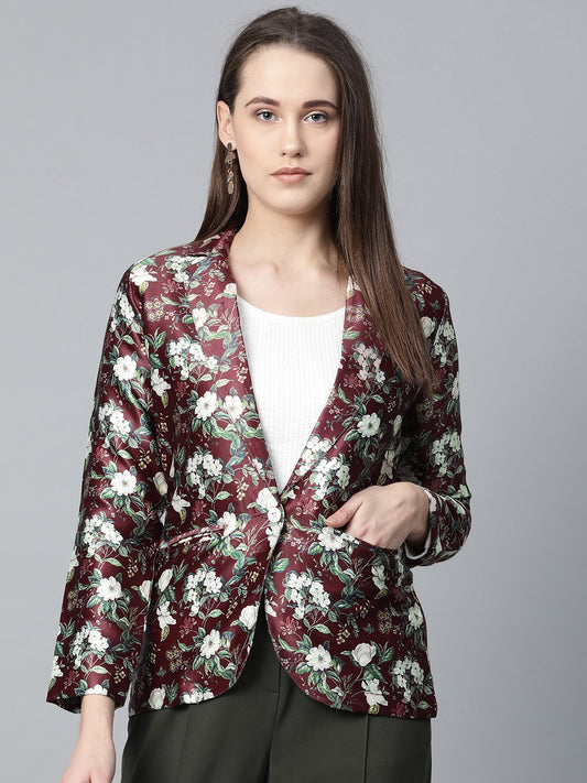 Jompers Women Maroon & Green Satin Floral Print Single-Breasted Casual Blazer