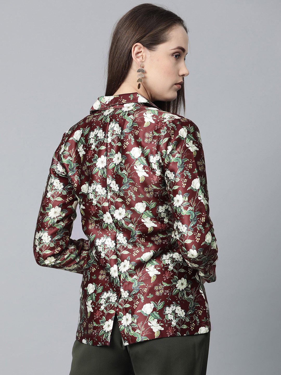 Jompers Women Maroon & Green Satin Floral Print Single-Breasted Casual Blazer