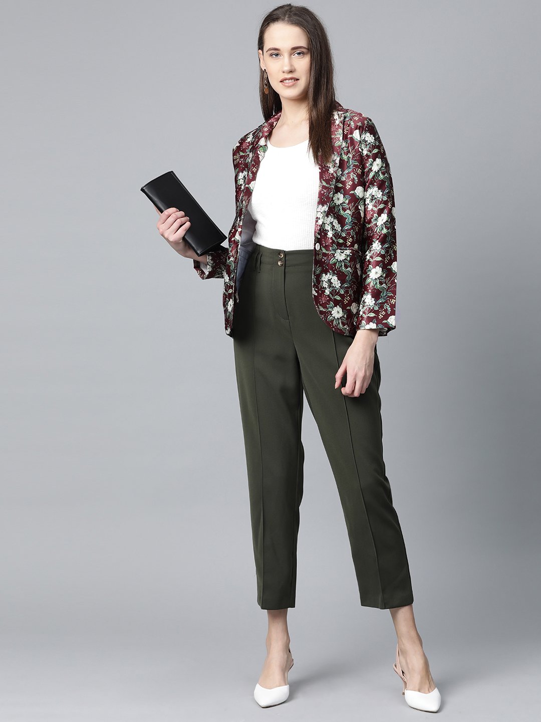 Jompers Women Maroon & Green Satin Floral Print Single-Breasted Casual Blazer