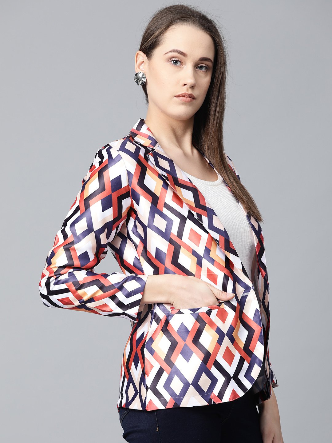 Jompers Women Multi-Coloured Satin Finish Printed Single-Breasted Blazer