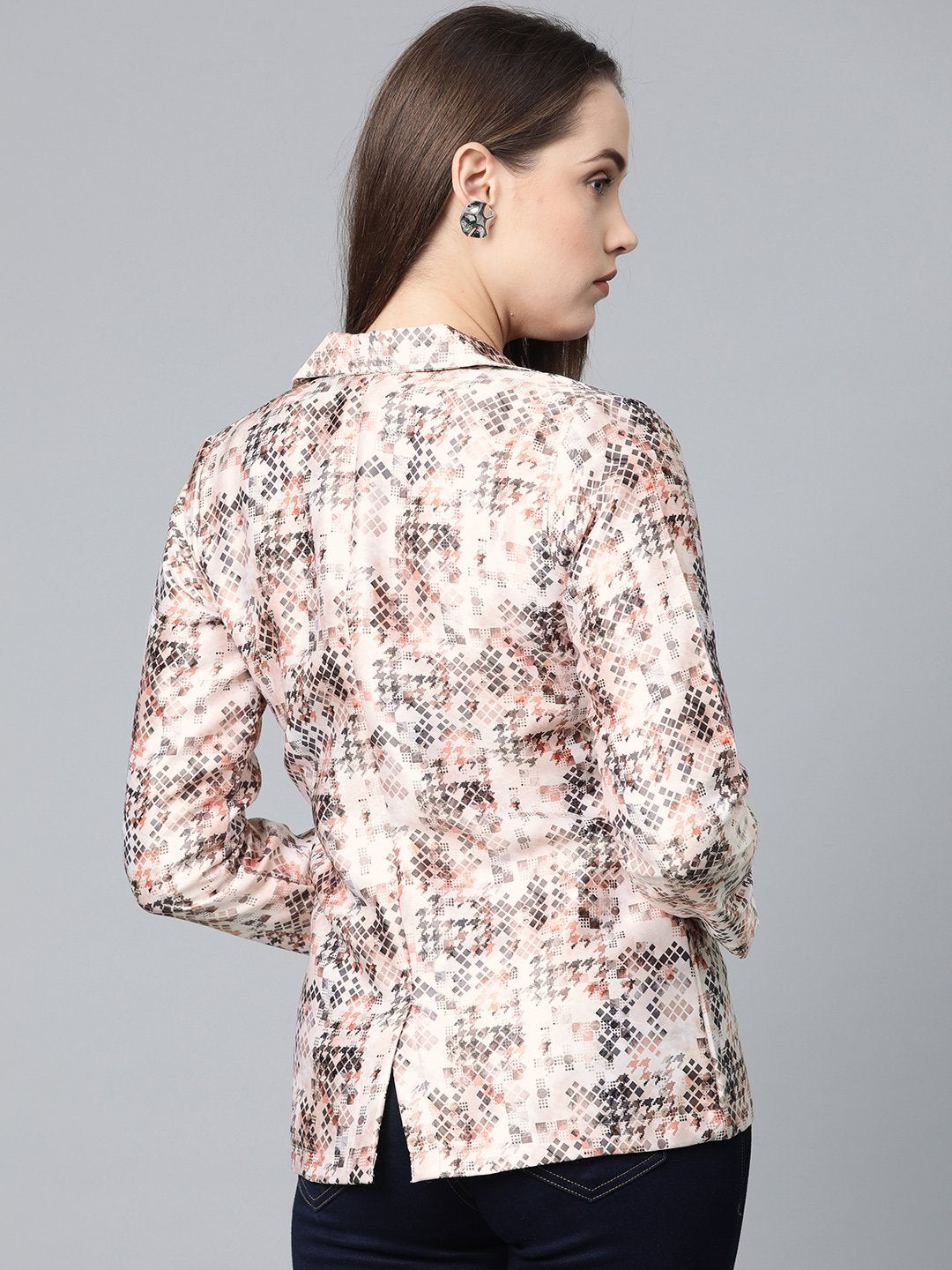 Jompers Women Peach-Coloured & Grey Satin Printed Single-Breasted Casual Blazer