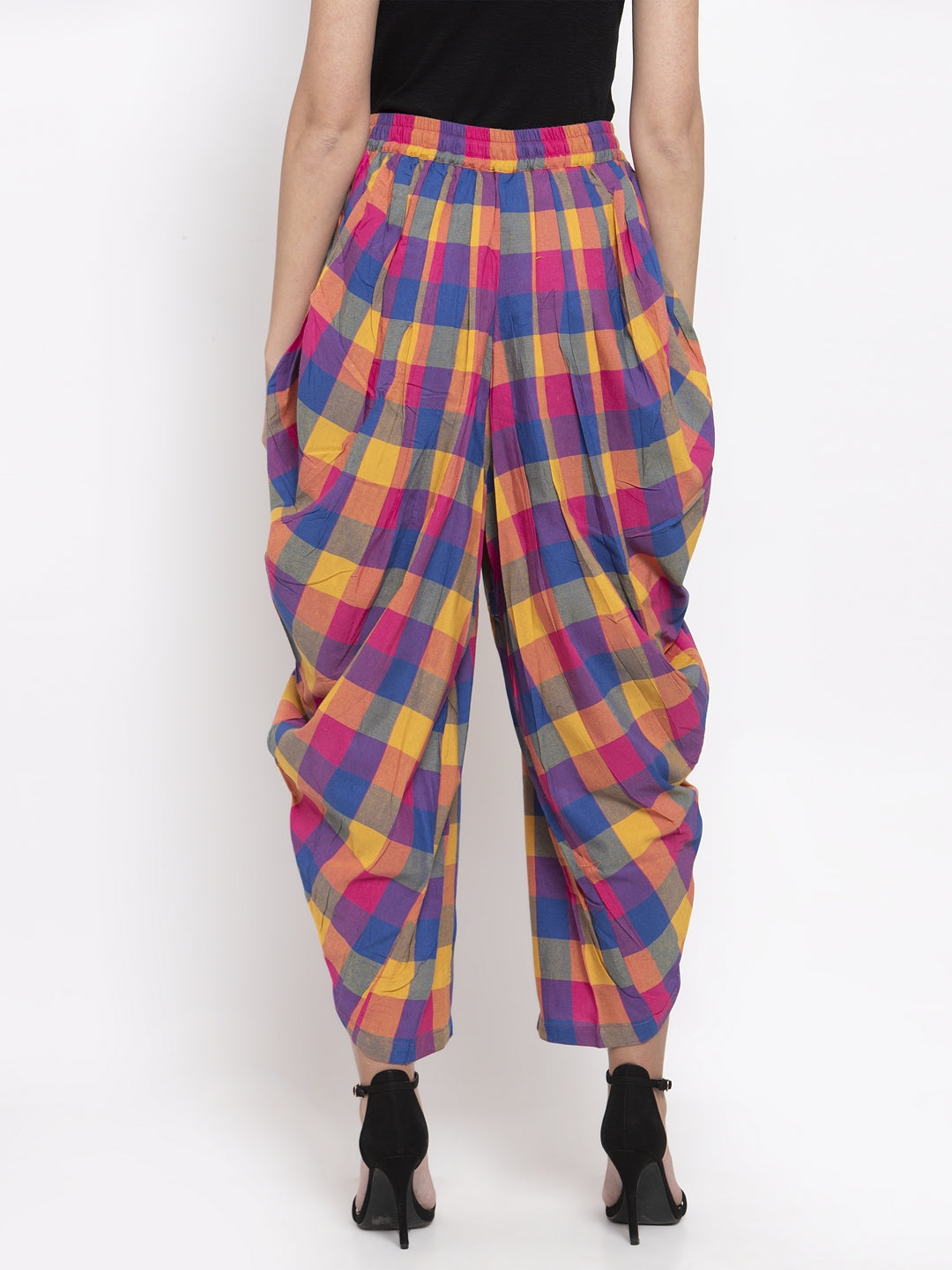 Jompers Women Pink and Yellow Checked Dhoti