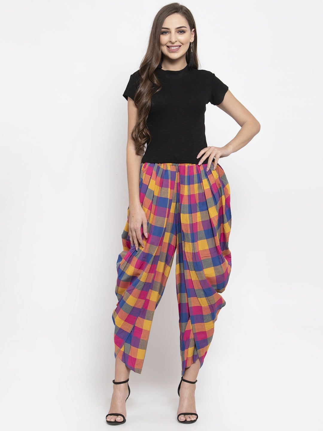 Jompers Women Pink and Yellow Checked Dhoti