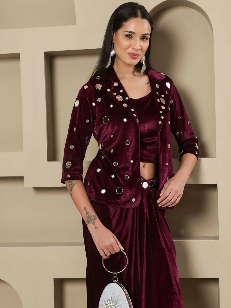 Joban Fashion Women Wine Velvet Hand Embellishment Stitched Dress
