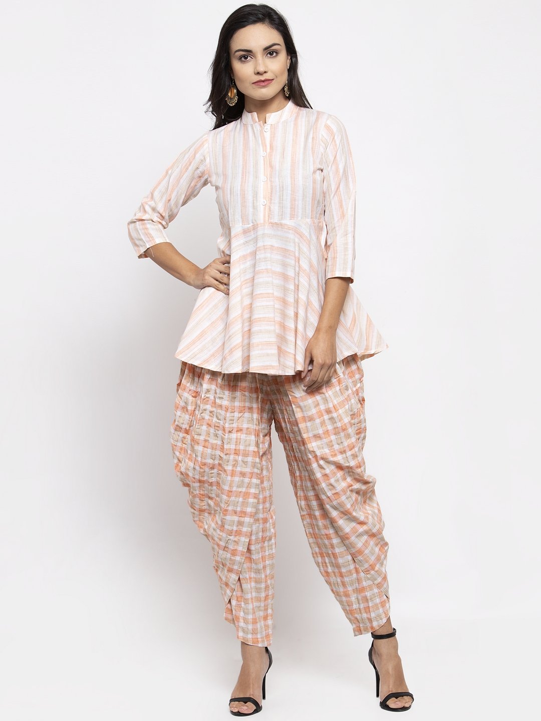 Jompers Women Orange and White Striped Kurta with Dhoti Pants