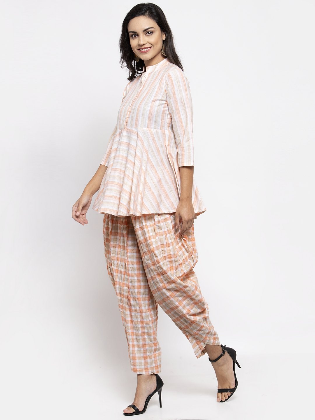 Jompers Women Orange and White Striped Kurta with Dhoti Pants