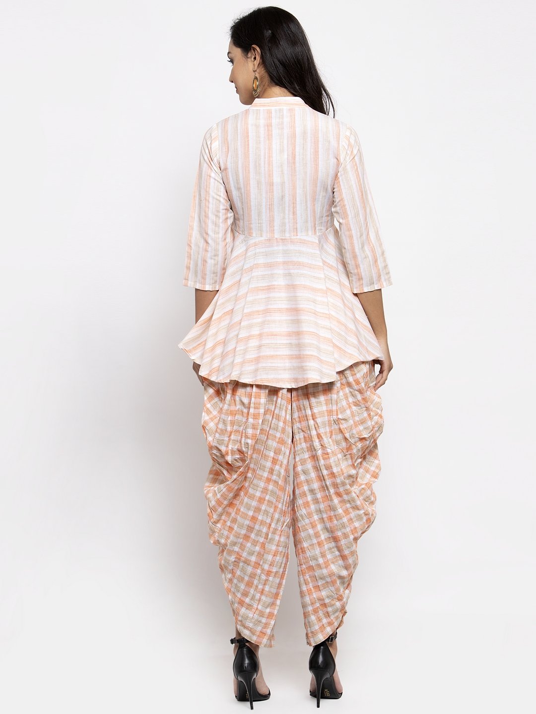 Jompers Women Orange and White Striped Kurta with Dhoti Pants