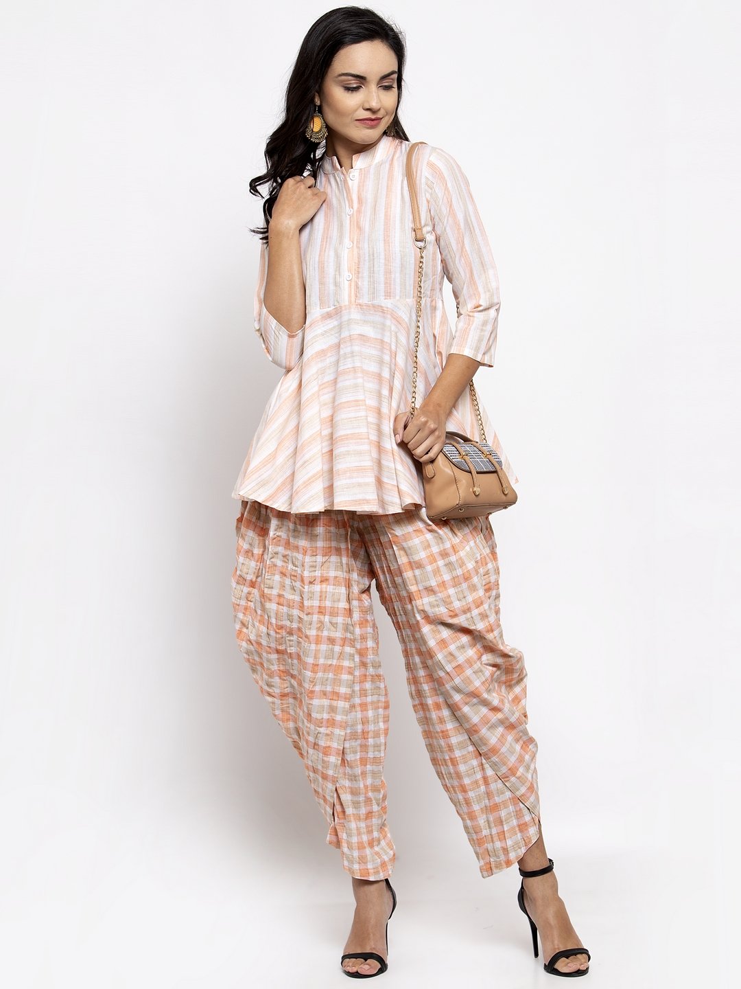 Jompers Women Orange and White Striped Kurta with Dhoti Pants