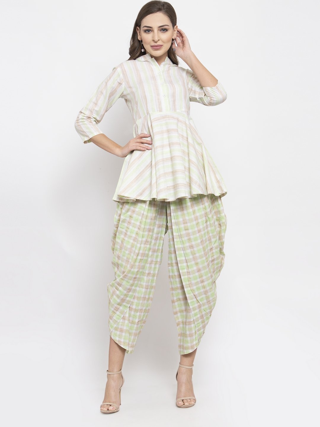 Jompers Women Green and White Striped Kurta with Dhoti Pants