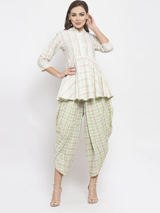 Jompers Women Green and White Striped Kurta with Dhoti Pants