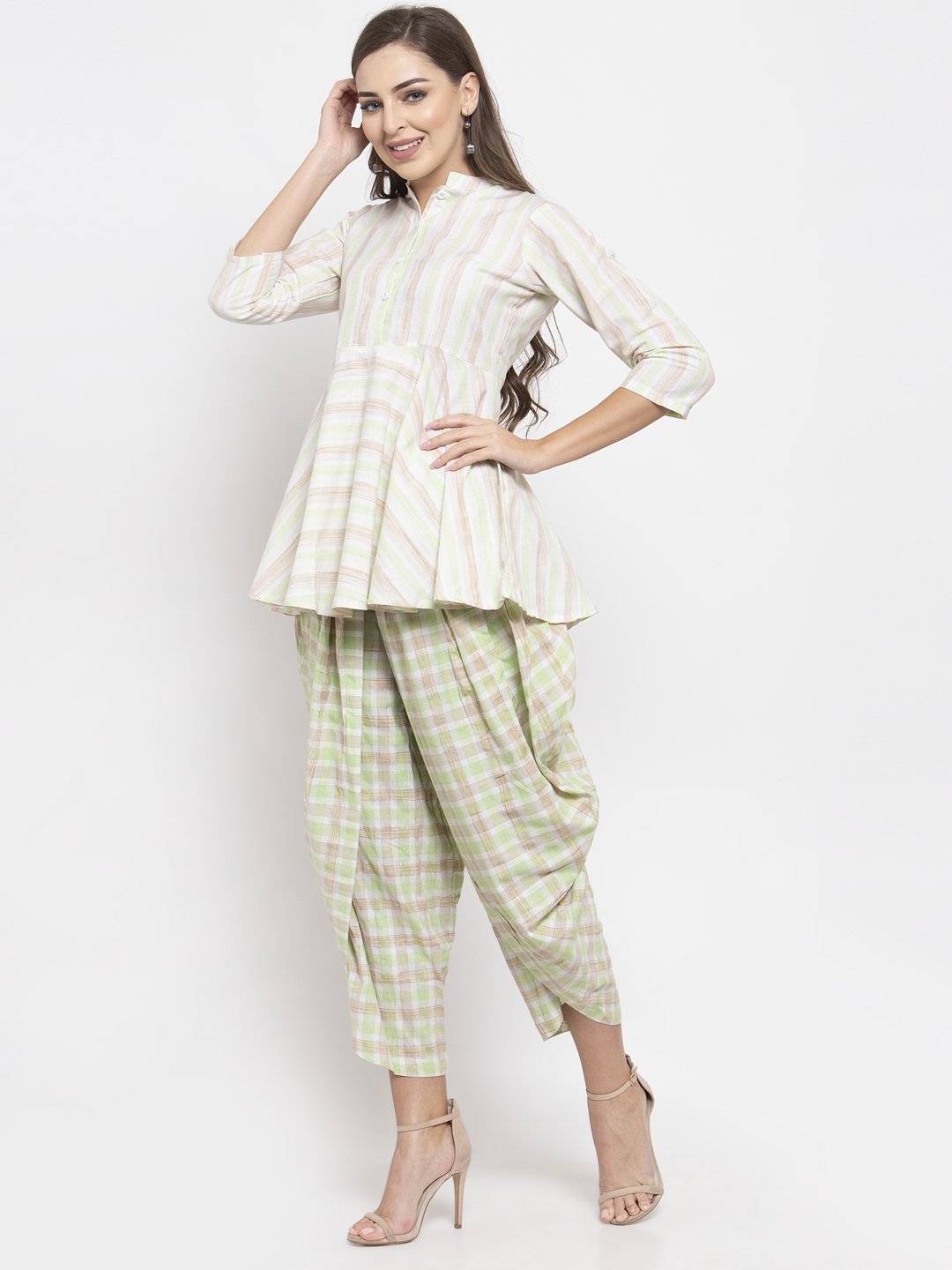 Jompers Women Green and White Striped Kurta with Dhoti Pants