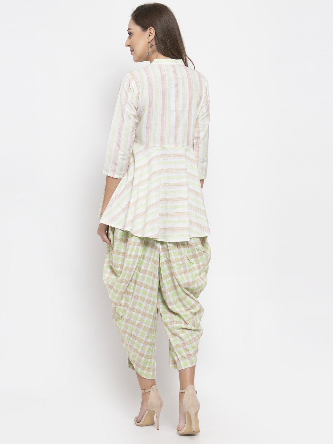Jompers Women Green and White Striped Kurta with Dhoti Pants