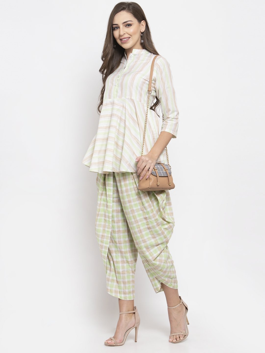 Jompers Women Green and White Striped Kurta with Dhoti Pants